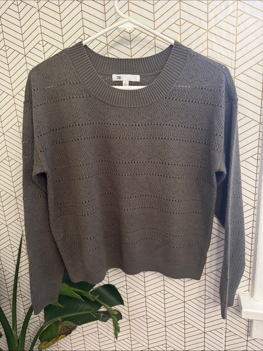 DR2 Olive Green Lightweight Eyelet Knit Crewneck Sweater